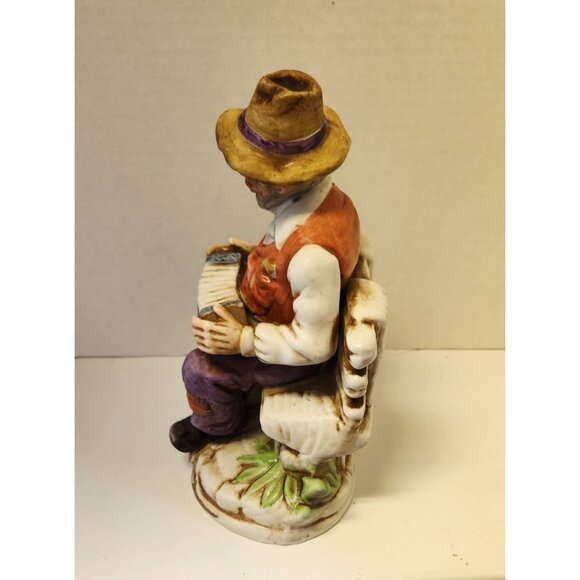 Figurine Ceramic Old Man Playing Accordion On Bench Dog Vintage - Picture 5 of 7